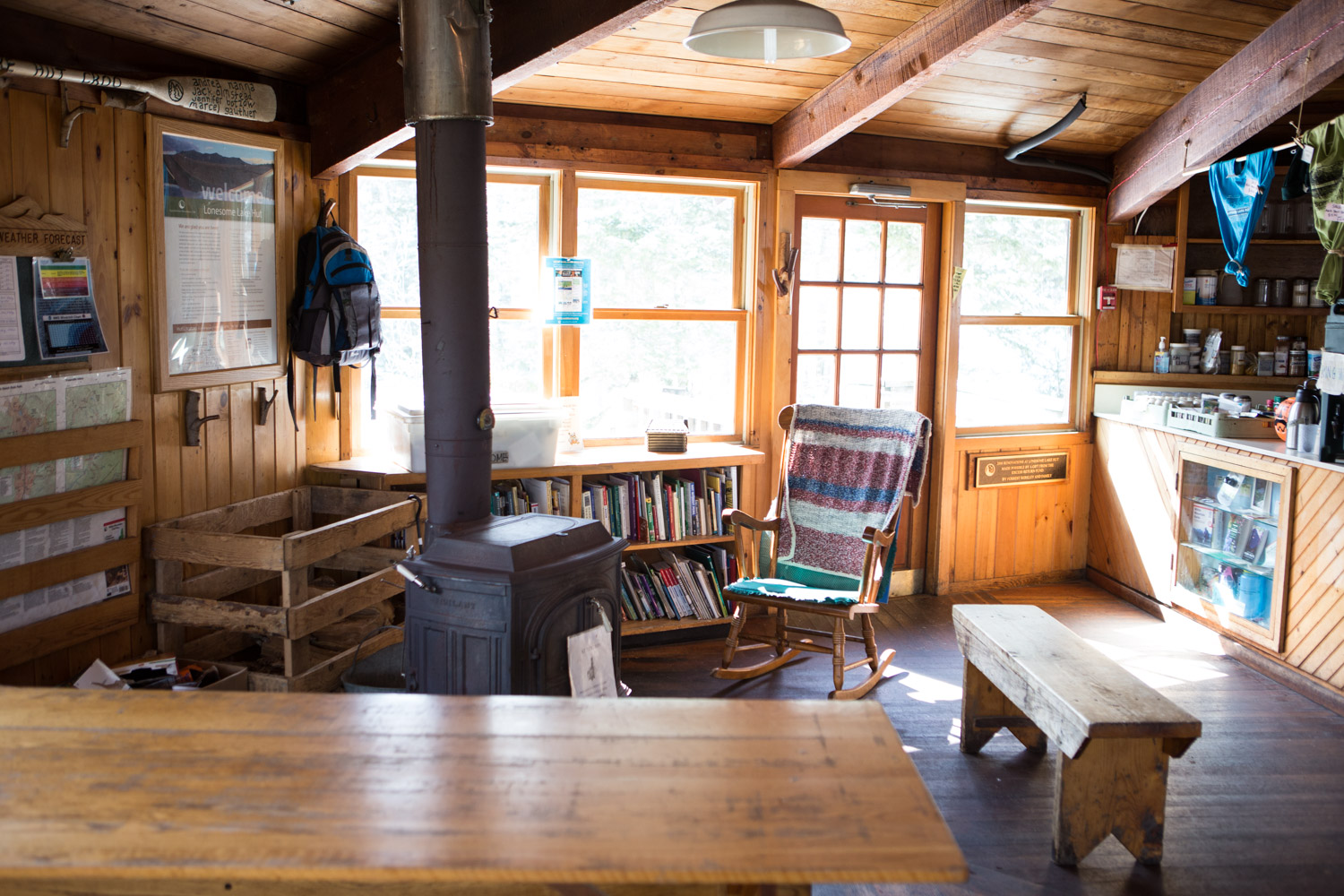 The interior of Lonesome Lake Hut (main building)