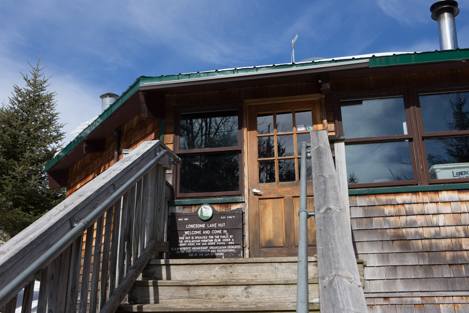 Exterior of Lonesome Lake Hut (main building)