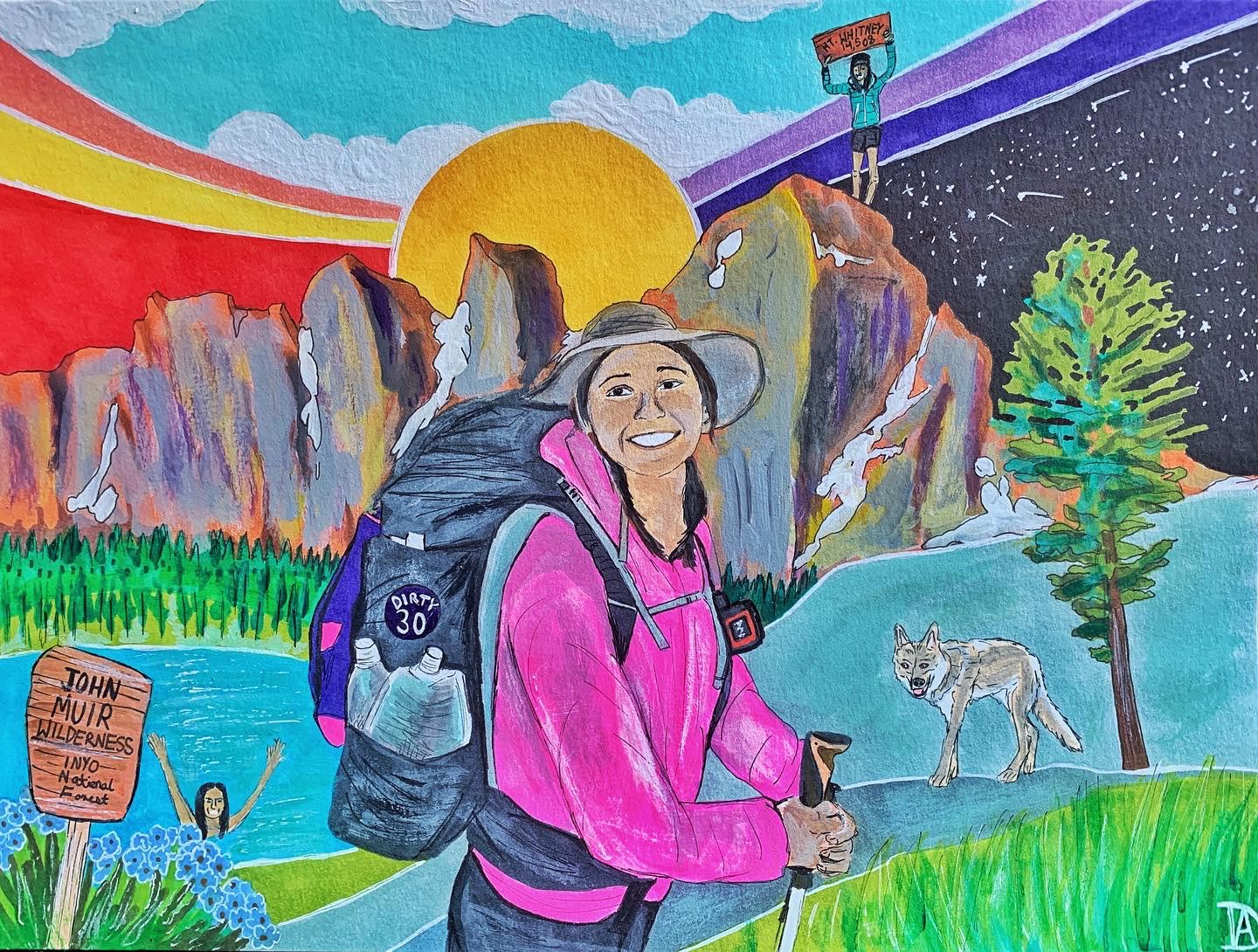 A painting of a female thru-hiker wearing a pink sweater under a colourful whimsical sky.